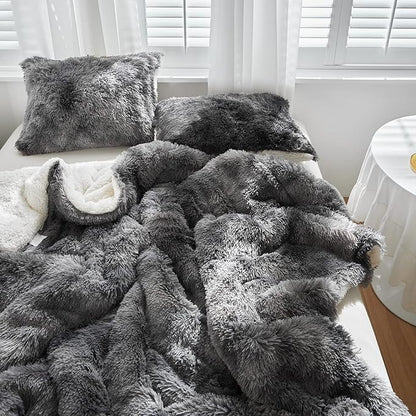 Luxury Faux Fur Shaggy Comforter Set King Size, Plush & Sherpa Reversible Comforter Tie Dye Black, 3 Pieces Fluffy Fuzzy Bedding Set Ultra Soft and Warm for Winter (1 Comforter + 2 Pillowcases)