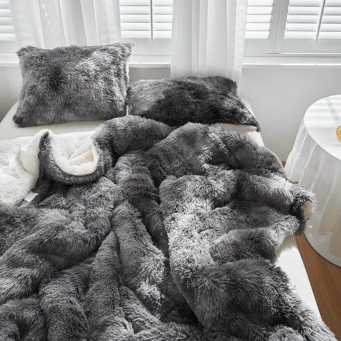 Luxury Faux Fur Shaggy Comforter Set Twin Size, Plush & Sherpa Reversible Comforter Tie Dye Black, 3 Pieces Fluffy Fuzzy Bedding Set Ultra Soft and Warm for Winter (1 Comforter + 2 Pillowcases)