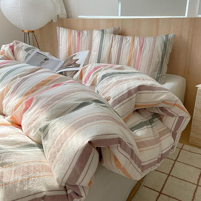 VM VOUGEMARKET Striped Comforter Set Queen Vertical Multicolor Stripes Cotton Bedding Comforter with 2 Pillowcases Modern Cozy Lightweight for Girls Women(Orange/Pink/Green/Coffee)