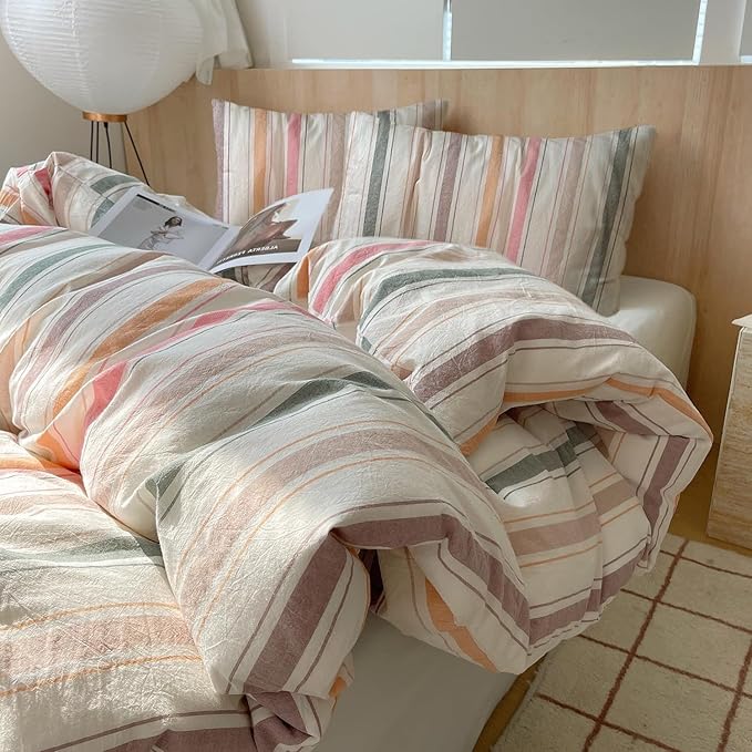 VM VOUGEMARKET Rainbow Striped Comforter Set Full Vertical Stripes Cotton Bedding Comforter with 2 Pillowcases Modern Cozy Lightweight for Girls Women(Orange/Pink/Green/Coffee)