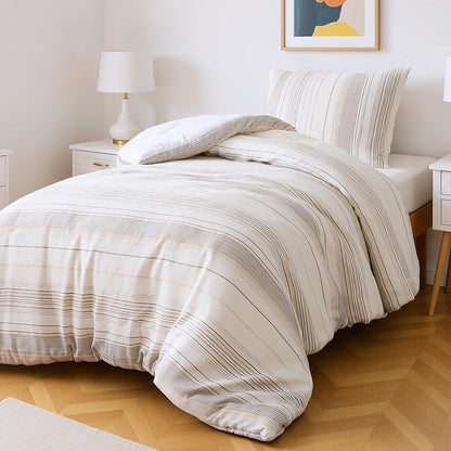 Amazon Basics Comforter Set, 2-Piece Jacquard Microfiber Comforter and Pillow Sham, All-Season Bedding, Twin, Beige Striped