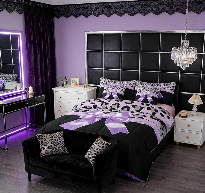 Feelyou Purple Silk Bowknot 7 Piece Bedding Set King Size Grey Leopard Comforter Set with Sheets for Kids Girls Women Black Purple Bed in a Bag Sweet Romantic Bed Set