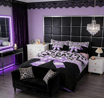 Feelyou Purple Silk Bowknot 7 Piece Bedding Set King Size Grey Leopard Comforter Set with Sheets for Kids Girls Women Black Purple Bed in a Bag Sweet Romantic Bed Set