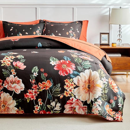 Joyreap 7 Piece Bed in a Bag Queen, Floral Comforter Sheet Set, Black n Orange Flowers Design, All Season Microfiber Bedding Comforter Set