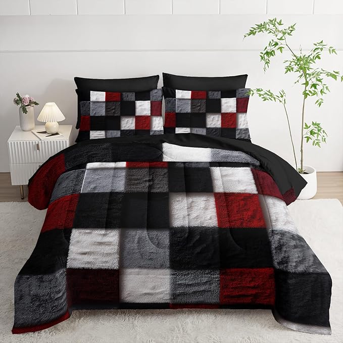 7 Piece Black White Red Checkered King Size Comforter Set with Sheets，King Size Quilt Bedding Set Checkered，(1 Comforter, 1 Flat Sheet, 1 Fitted Sheet, 2 Pillowcase and 2 Pillow Sham)