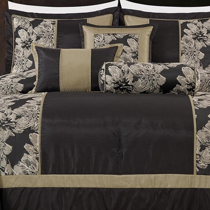 Chezmoi Collection Cameron Comforter Set King Size, 7-Piece Black Gold Hibiscus Floral Jacquard Bedding Set