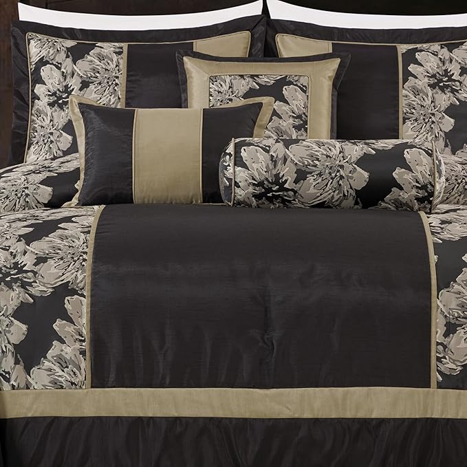 Chezmoi Collection Cameron Comforter Set California King Size, 7-Piece Black Gold Hibiscus Floral Jacquard Bedding Set