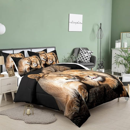 Bodhi Lover Couple Lion Comforter Set Queen Soft Microfiber Lion Bedding Set Queen Size Animal Comforter Set with Pillowcases,1 Comforter+2 Pillow Shams #4004