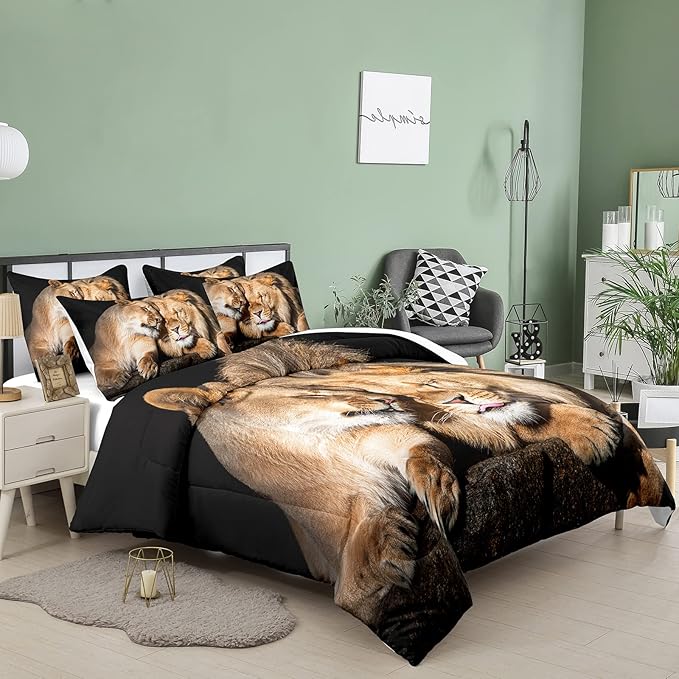 Bodhi Lover Couple Lion Comforter Set King Soft Microfiber Lion Bedding Set King Size Animal Comforter Set with Pillowcases,1 Comforter+2 Pillow Shams #4004