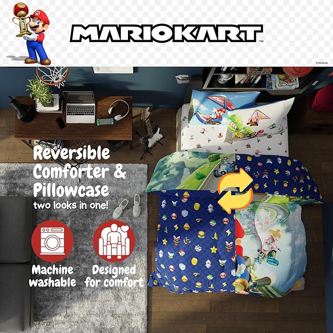 Super Mario Kart Game Kids Bedding Set, Full Size, 5-Piece Super Soft Cozy Reversible Comforter & Sheet Set (Officially Licensed Product) by Franco | Durable, Reversible, Officially Licensed