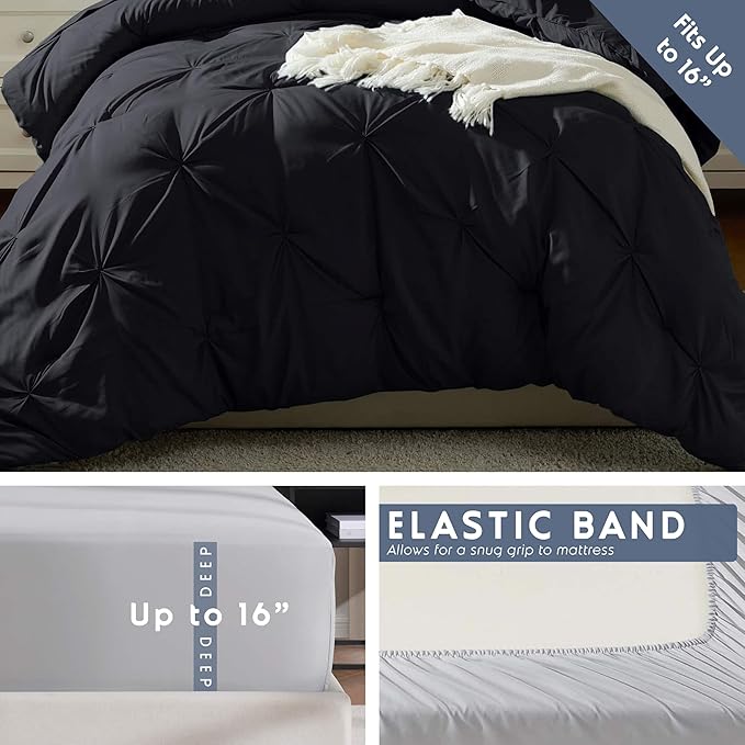 Nestl Twin Comforter Set 5 Piece - Pintuck Twin Bedding Sets Black, College Dorm Room Essentials for Girls and Boys Bed in a Bag Twin All Season, Twin Comforter Set with Sheets, Pillowcase and Sham