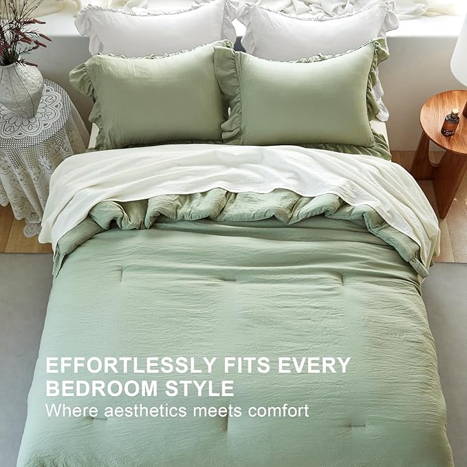 Sage Green Ruffle Comforter Set King, Pre-Washed Shabby Chic Bedding Set, Lightweight Cottagecore Soft Romantic Cozy 1 Comforter & 2 Shams, All-Season