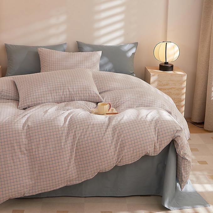 HighBuy Twin XL Comforter Set Pink Blue Checkered Plaid Bedding Comforter Gingham for Boys Girls Boho Farmhouse Gingham Grid Pattern Comforter Set Soft Lightweight Bedding Set