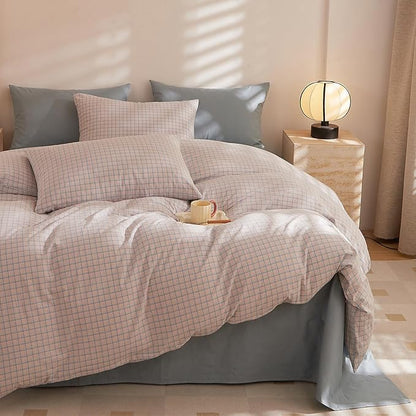 HighBuy Gingham Comforter Set Full Modern Pink Blue Plaid Checkered Pattern Comforter Soft Fluffy Gingham Bedding Set Lightweight Chic Grid Bedding Comforter Farmhouse for Teen Girls