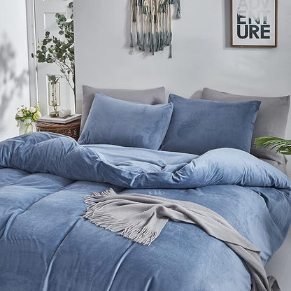CLOTHKNOW Blue Fluffy California King Comforter Set Velvet Bedding Comforter Sets Lake Blue Comforter with 2 x Pillow Cases