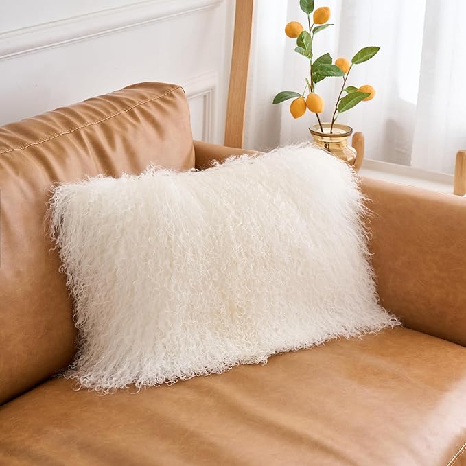 Genuine Mongolian Lamb Fur Pillow Cover – 12"x20" Rectangular Cushion Case – Soft Curly Wool Decorative Accent for Sofa, Bed, or Chair (Natural White)