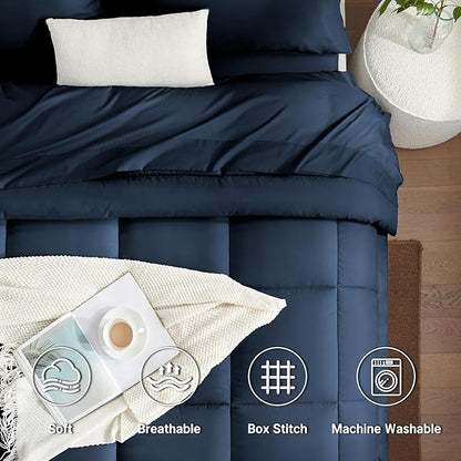 SunStyle Home Navy Blue King Size Comforter Set - 7 Pieces Bed in a Bag, Lightweight Goose Down Alternative Bedding Sets with All Season Comforter, 1 Flat Sheet, 1 Fitted Sheet, 4 Pillowcases