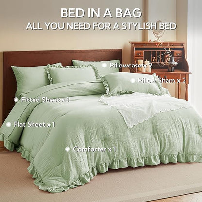 MR&HM Queen Comforter Set Light Green, Comforter Set 7 Pieces for Girls Women, Shabby Chic Vintage Cottagecore Bed Sets Elegance Boho Bed in a Bag, Ultra-Soft & Fluffy Comforter for All Season