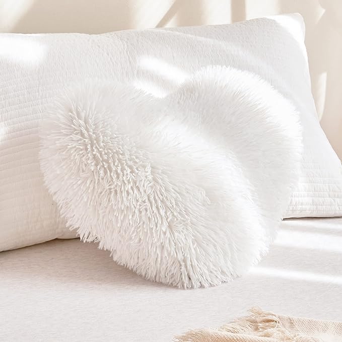 MOOWOO White Fluffy Heart Pillow, Faux Fur Throw Pillow,Sherpa Plush Fluffy, Cute Soft Throw Cushion, Valentines Day,Thanks Giving Days,Christmas Day Decorative for Home Bed Couch Heart Shape