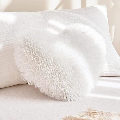 MOOWOO White Fluffy Heart Pillow, Faux Fur Throw Pillow,Sherpa Plush Fluffy, Cute Soft Throw Cushion, Valentines Day,Thanks Giving Days,Christmas Day Decorative for Home Bed Couch Heart Shape