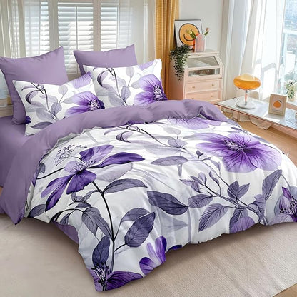 Nayoroom Purple Floral Comforter Set Full Size Lavender Blooming Flower Leaf Printed Spring Comforter 3 Pcs Soft Lightweight Cottagecore Bedding Set for All Seasons (1 Comforter, 2 Pillowcases)