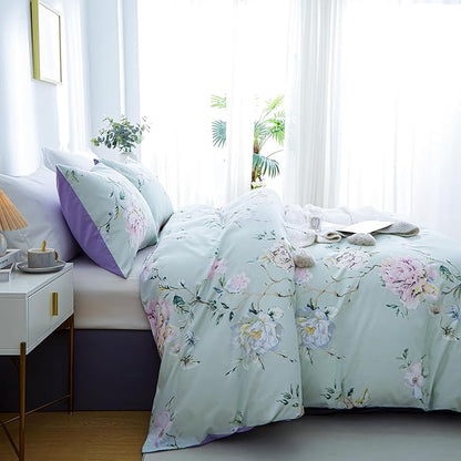 BOLINLIVING Floral Full Comforter Set, Soft Breathable Bed in a Bag King Size 3 Pieces, Green and Purple Floral Bedding Set for All Season, 1 Comforter & 2 Pillowcases