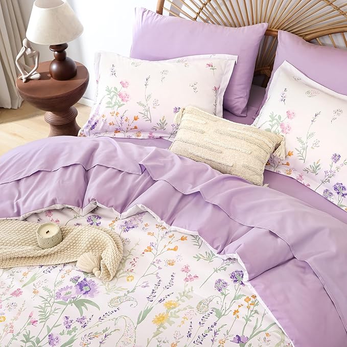 Yiran 7 Piece Floral Full Size Comforter Set, Purple Flower Comforters Bedding Set Aesthetic Botanical Bed in a Bag for Women Girls, Soft Microfiber Cottagecore Farmhouse Bed Set with Sheets