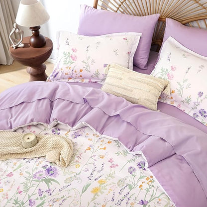 Yiran 7 Piece Floral Full Size Comforter Set, Purple Flower Comforters Bedding Set Aesthetic Botanical Bed in a Bag for Women Girls, Soft Microfiber Cottagecore Farmhouse Bed Set with Sheets