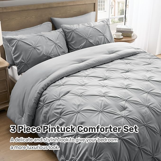 UNIKOME Queen Comforter Set Gray/Light Gray - Ultra Soft Boho Pintuck Down Alternative Bedding Set for All Seasons, 3 Pieces Lightweight Warm Pinch Pleat Bed Set with Comforter, 2 Pillowcases