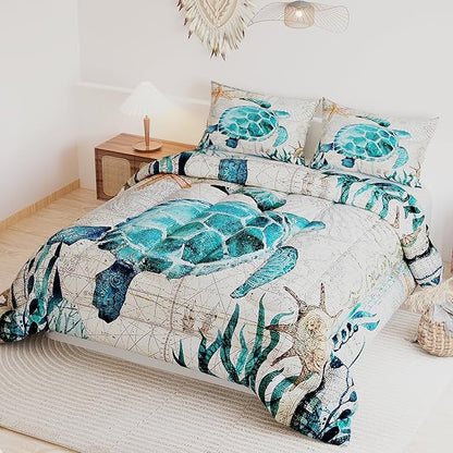 Sea Turtle Comforter Sets for Kids Adults,3D Ocean Pattern with Bright Colors,Decorative Bedding Comforter Sets with 2 Pillow Shams, Twin Size