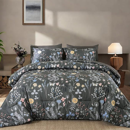 Yiran 7 Piece Grey Floral Comforter Set King Size, Botanical Flowers Bed in a Bag King, Soft Microfiber Complete Bedding Set with Sheets for All Season