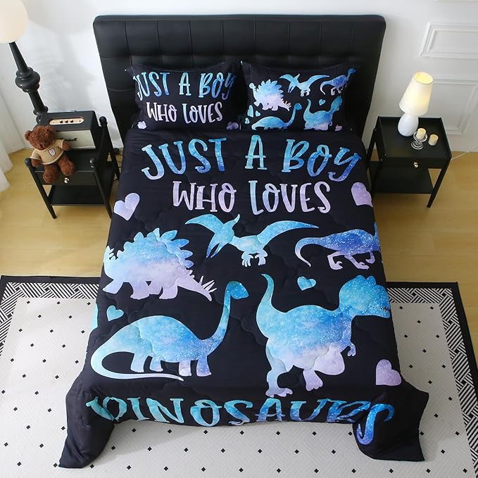 7 Piece Boys Dinosaur Comforter Set Queen Size Blue Dinonsaur Soft Microfiber Bed in A Bag with Comforter,Sheet Set,Pillowcase and Sham for Child Teens All Season