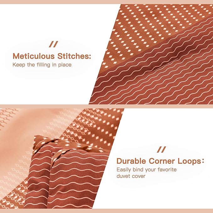 Litanika Burnt Orange Comforter Sets for Queen Bed, 3 Pieces Boho Terracotta Stripe Colorblock Bedding Comforter Set, Rust Fluffy Bed Set (90x90In Comforter, 2 Pillowcases)