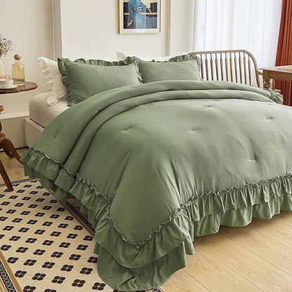 AIKASY Sea Green Comforters Twin Size Set, Vintage Boho Chic Farmhouse Bedding Sets Shabby Ruffle Queen Bed Comforter Bedding 3PCS（1 Comforter and 2 Pillowcases）
