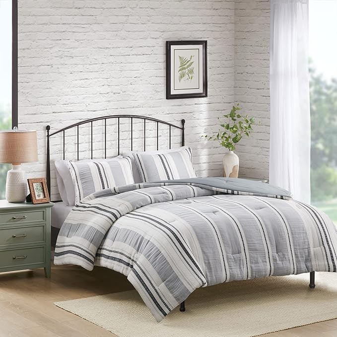 Hyde Lane Modern Farmhouse Comforter Set – King Size, 3-Piece Indigo Blue Striped Cotton Comforter with Matching Pillow Shams, Luxuriously Soft All-Season Bedding