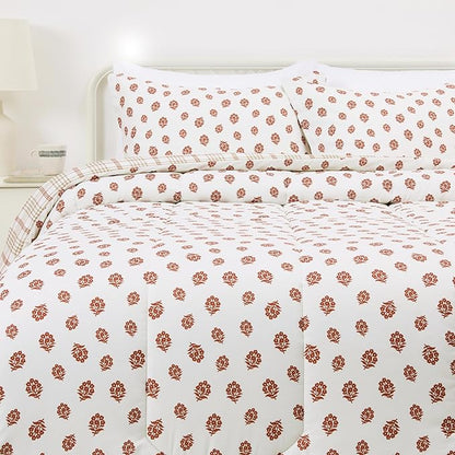 Amazon Basics Lightweight Microfiber Comforter Set, 3-Piece, Full/Queen, Off White Floral