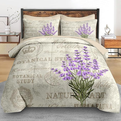 Comforter Set Twin Size, Vintage Lavender Flower 5 Pcs Bedding for Kids and Adults, Retro Botanical Plant Bed Sheet Sets with Fitted Sheet Pillowcase & Sham for Bedroom Bed Decor