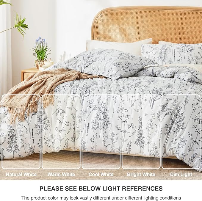 Love's cabin White Queen Size Comforter Set - Queen Comforter Set, 3 Pieces Cute Floral Bedding Sets for All Seasons,1 Soft Reversible Botanical Flowers Comforter and 2 Pillow Shams