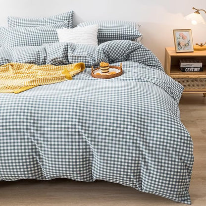 mixinni Blue Gingham Comforter Set King, Plaid Comforter Set 3 Pieces 1 Blue Grid Comfoter with 2 Pillow Cases for All Seasons, Soft Fluffy Modern Grid Pattern Printed Bedding-King Size