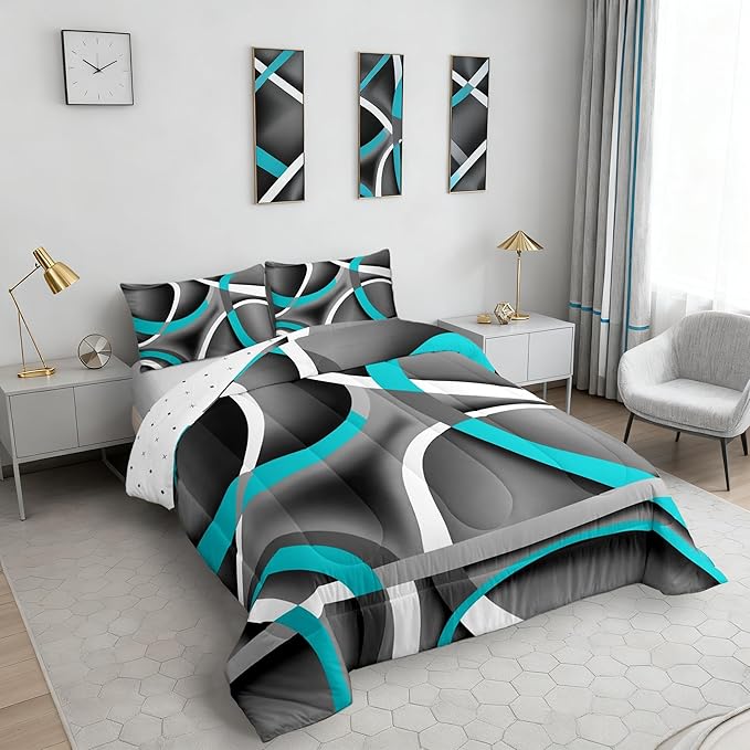 Castle Fairy Circle Geometric Comforter Set Gray Black Blue Swirls Bedding Set for Kids Girls Women Adults Abstract Stripes Comforter Retro Style Quilted Duvet Set Bedroom Collection Twin Size 2Pcs