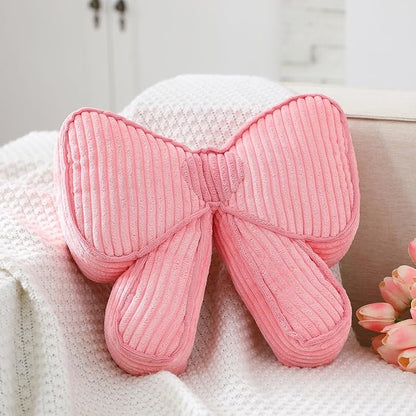 Pink Bow Pillow 12'' Coquettish Bow Shaped Decorative Pillows Soft Corduroy Pink Cushion for Girls Women Room Bed Sofa Couch Aesthetic Home Decor Gift