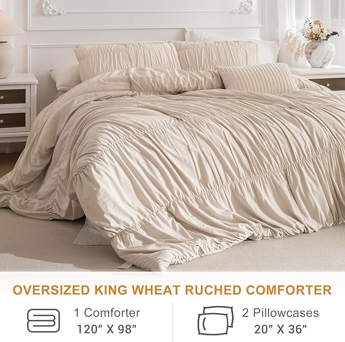 Masaca Oversized King Comforter(120"x98"),Wheat Ruched Ruffle Bedding Comforter Set,3 Pieces Lightweight California King Farmhouse Shabby Boho Chic French Country Bedding Set for All Season