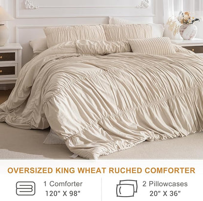 Masaca Oversized King Comforter(120"x98"),Wheat Ruched Ruffle Bedding Comforter Set,3 Pieces Lightweight California King Farmhouse Shabby Boho Chic French Country Bedding Set for All Season