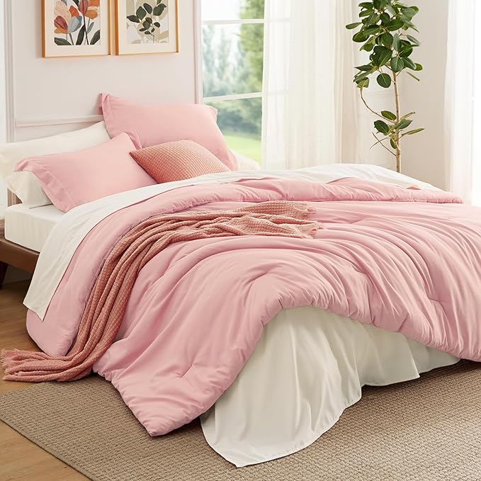 Bedsure Twin Comforter Set - 5 Pieces Pink Twin Bedding Set for All Seasons, Boho Contrasting Design Bed in a Bag with Comforter, Sheets, Pillowcase & Sham