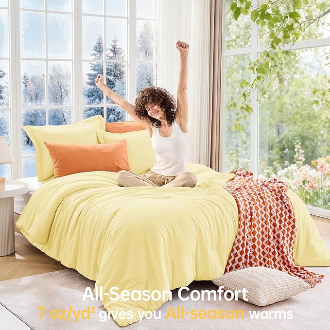 MUXHOMO Full Comforter Sets, All Season Ultra Soft Down Alternative Bedding - 3 Piece Lightweight Bed Set Includes 1 Comforter (82"x86") and 2 Pillow Shams (20"x26"), Cream Yellow