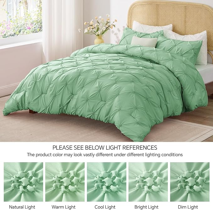 BEDELITE Sage Green King Size Comforter Set - 3 Pieces Boho Pintuck Bedding Comforter Sets, Lightweight Soft & Warm King Bedding Set with 2 Pillowcases for All Season