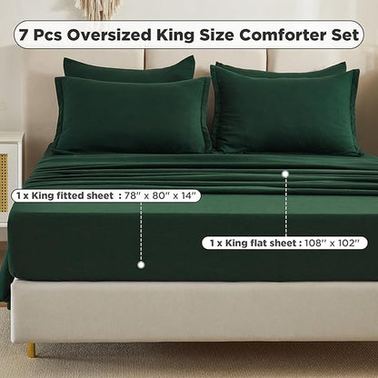 Litanika Oversized King Comforter Sets Emerald Green - 7 Pieces Bed in a Bag Oversized King Bedding Comforter Sets, Solid Lightweight Bed Set with Comforter, Sheets, Pillowcases & Shams