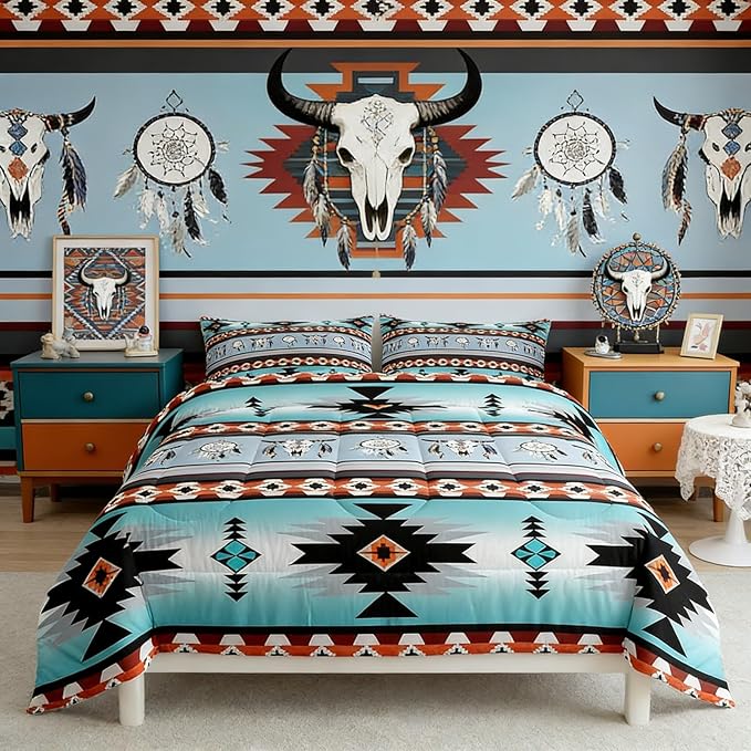 Erosebridal Western Bedding Sets Queen, Exotic Bull Skull Comforter Set, Dream Catchers Tribe Feather Duvet Insert, Southwestern Quilt With Animals, Boho Aztec Decor - Blue, Teal, Orange