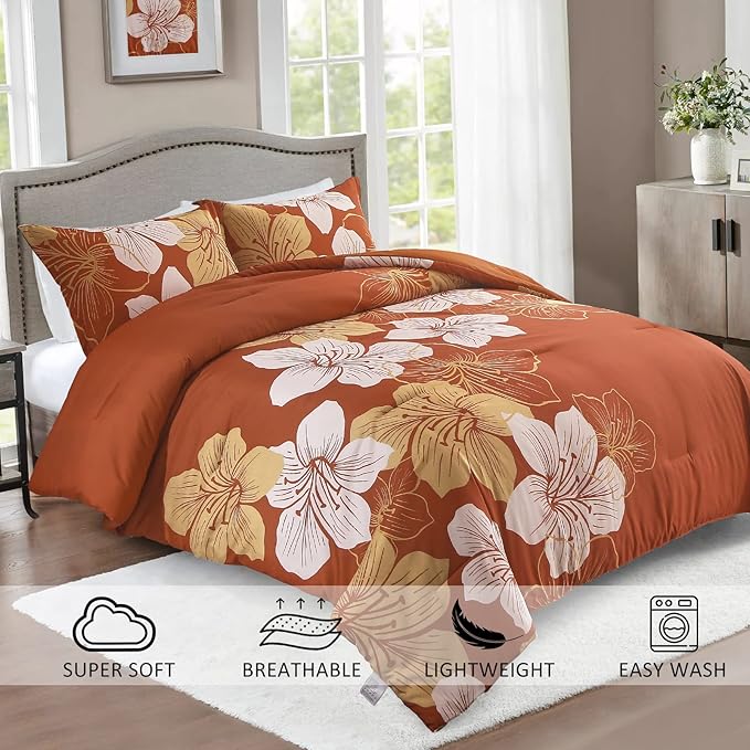 Menghomeus Burnt Orange Comforter Set Full Size Floral Comforter Terracotta Botanical Bedding Sets Soft Microfiber Thanksgiving Bed Comforter Set for All Season (1 Comforter 2 Pillowcases)