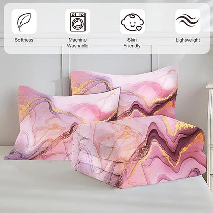 Pink Marble Comforter Set Twin for Girls Women, Pink and Gold Bedroom Decor, Abstract Bedding Set for All Ages, Marble Bed Set with 1 Comforter and 1 Pillowcase